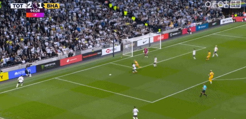 第90+5分钟，丹索被抢断，吕特破门，布莱顿2-2热刺